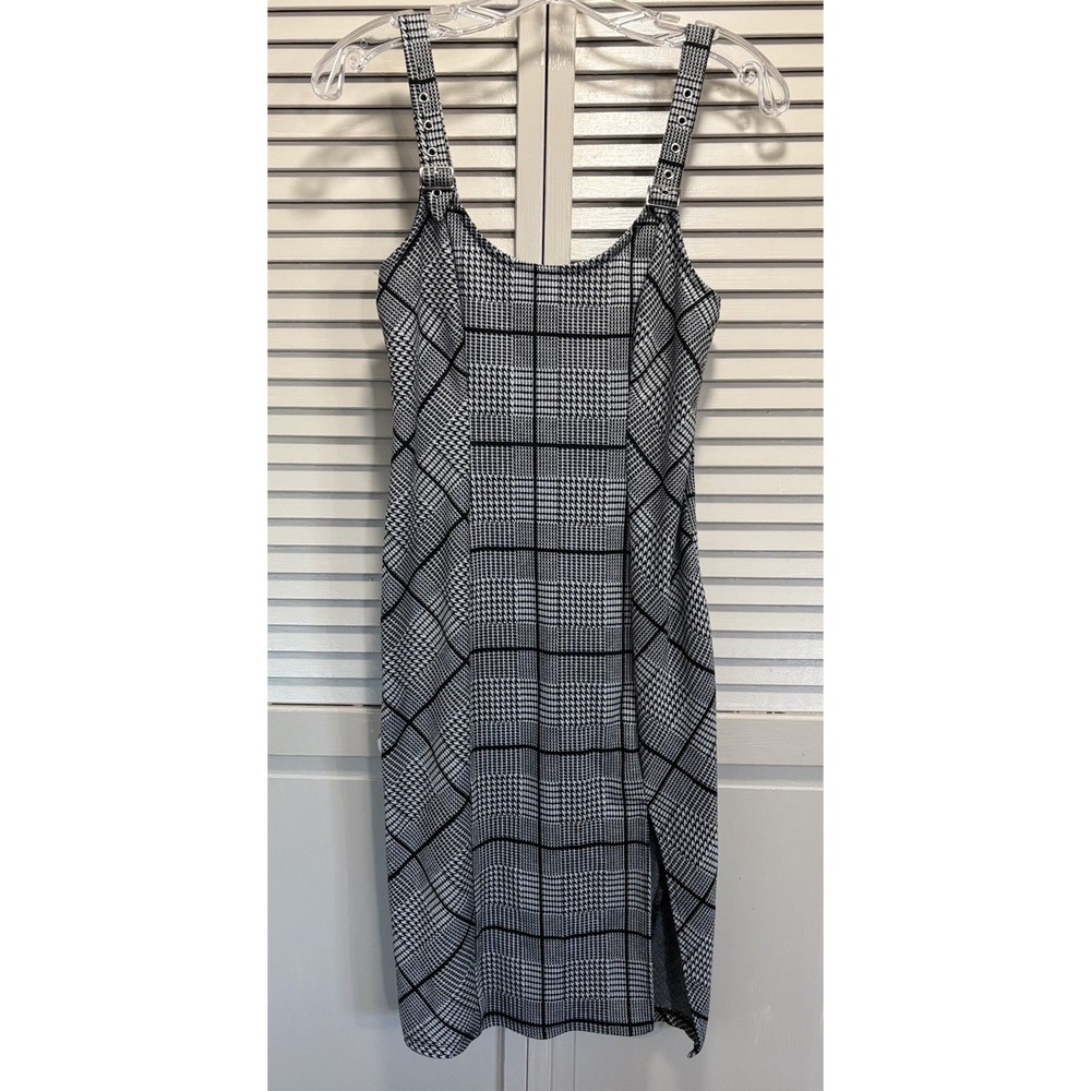 AUW Black/White Geo Print Bib Mini Dress Size Small Adj Straps Slit Summer